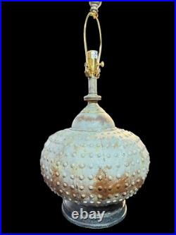 Vintage Brutalist Table Lamp Barrel Texture Blue Green Patina Metal Tested Works