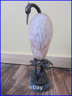 Vintage C. 1996 Tin Chi Andrea Sedek Bronze Crane Table lamp, Pink glass