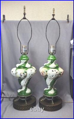 Vintage Capodimonte Italian Porcelain Table Lamps Painted Cherubs Brass Dolphins