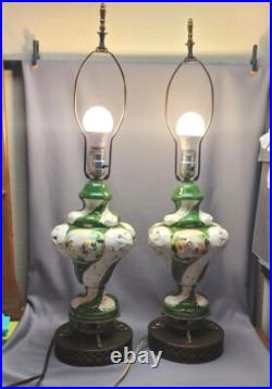 Vintage Capodimonte Italian Porcelain Table Lamps Painted Cherubs Brass Dolphins