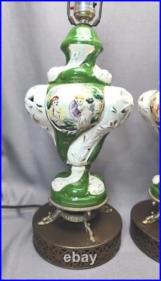 Vintage Capodimonte Italian Porcelain Table Lamps Painted Cherubs Brass Dolphins