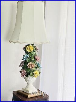 Vintage Capodimonte Porcelain Floral Table Lamp a Shade Made Italy Rare Works