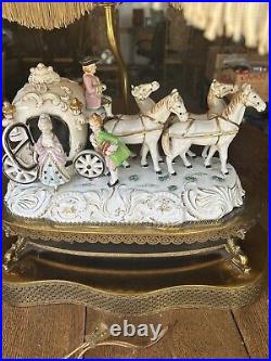 Vintage Capodimonte Style Table Lamp Carriage Victorian Porcelain And Brass
