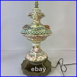 Vintage Capodimonte Table Lamp Floral Teal Pink with Dragons & Boys Brass Base