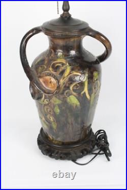 Vintage Ceramic Hand Painted Table Lamp With Ornate Handles & Intricate Design
