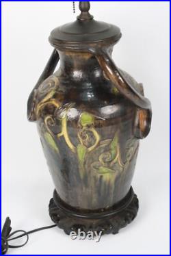 Vintage Ceramic Hand Painted Table Lamp With Ornate Handles & Intricate Design