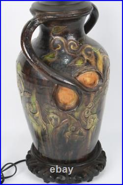 Vintage Ceramic Hand Painted Table Lamp With Ornate Handles & Intricate Design