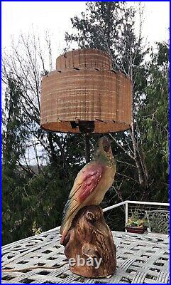 Vintage Chalkware Colorful Parrot Bird Table Lamp Tiki Room Hawaiiana
