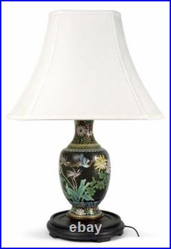 Vintage Cloisonné Enamel Table Lamp Bird & Floral Black Vase Base Hong Kong 23