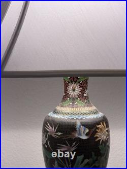 Vintage Cloisonné Enamel Table Lamp Bird & Floral Black Vase Base Hong Kong 23