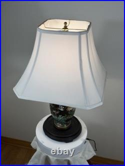 Vintage Cloisonné Enamel Table Lamp Bird & Floral Black Vase Base Hong Kong 23