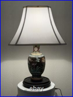 Vintage Cloisonné Enamel Table Lamp Bird & Floral Black Vase Base Hong Kong 23