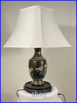 Vintage Cloisonné Enamel Table Lamp Bird & Floral Black Vase Base Hong Kong 23