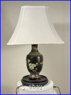 Vintage Cloisonné Enamel Table Lamp Bird & Floral Black Vase Base Hong Kong 23