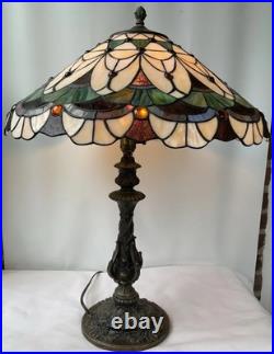 Vintage Colorful Tiffany Style Stained Glass Table Lamp 26X21 Tested