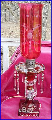 Vintage Cranberry Crystal Ruby Mantle Table Lamps 2 Hurricane Electric Boudoir