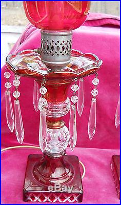 Vintage Cranberry Crystal Ruby Mantle Table Lamps 2 Hurricane Electric Boudoir