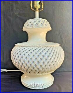 Vintage Creamware Porcelain Table Lamp Blanc De Chine Woven Lattice Basket Gourd