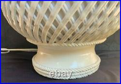 Vintage Creamware Porcelain Table Lamp Blanc De Chine Woven Lattice Basket Gourd
