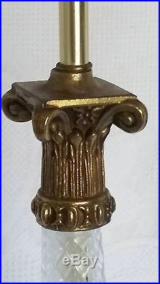 Vintage Crystal Table Lamp Cut Corinthian Column Brass Criss Cross Hansen