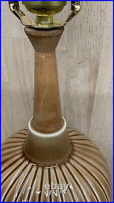 Vintage DANISH Lamp Melon Glossy Brown White Ceramic & Wood MCM