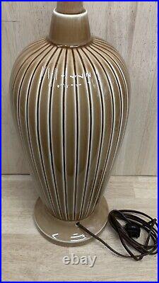 Vintage DANISH Lamp Melon Glossy Brown White Ceramic & Wood MCM