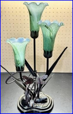 Vintage Dale Tiffany Style Table Lamp Glass Green Tulips Red Dragonfly Brass 21