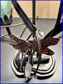 Vintage Dale Tiffany Style Table Lamp Glass Green Tulips Red Dragonfly Brass 21
