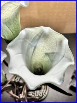 Vintage Dale Tiffany Style Table Lamp Glass Green Tulips Red Dragonfly Brass 21