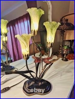Vintage Dale Tiffany Style Table Lamp Glass Green Tulips Red Dragonfly Brass 21
