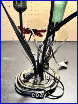 Vintage Dale Tiffany Style Table Lamp Glass Green Tulips Red Dragonfly Brass 21