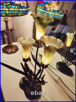 Vintage Dale Tiffany Style Table Lamp Glass Green Tulips Red Dragonfly Brass 21