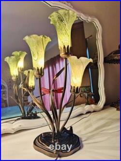Vintage Dale Tiffany Style Table Lamp Glass Green Tulips Red Dragonfly Brass 21