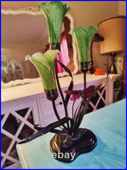 Vintage Dale Tiffany Style Table Lamp Glass Green Tulips Red Dragonfly Brass 21