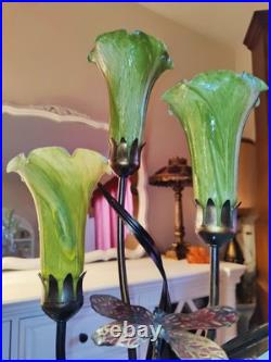 Vintage Dale Tiffany Style Table Lamp Glass Green Tulips Red Dragonfly Brass 21