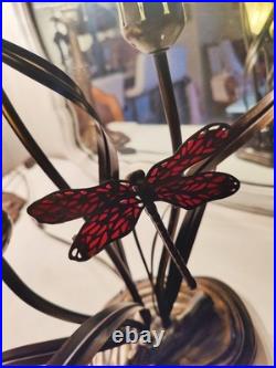 Vintage Dale Tiffany Style Table Lamp Glass Green Tulips Red Dragonfly Brass 21