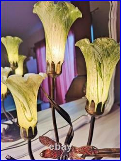Vintage Dale Tiffany Style Table Lamp Glass Green Tulips Red Dragonfly Brass 21
