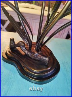 Vintage Dale Tiffany Style Table Lamp Glass Green Tulips Red Dragonfly Brass 21