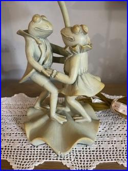 Vintage Dancing Frog Couple On Lily Pad Resin Table Lamp Original Shade 19