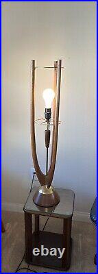 Vintage Danish Mid Century MCM Walnut Teak Brass Atomic Rocket 33 Table Lamp