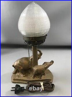 Vintage Deco MCM Figural Metal Desk Table Lamp Clear Globe w Elephants