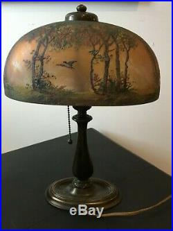 Vintage Double-Signed Handel Birds In Flight Reverse-Painted Boudoir Table Lamp