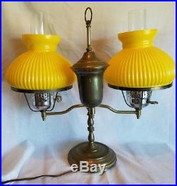 Vintage Double Student Lamp withYellow Ribbed Glass Shades & Hurricane chimneys