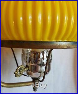 Vintage Double Student Lamp withYellow Ribbed Glass Shades & Hurricane chimneys