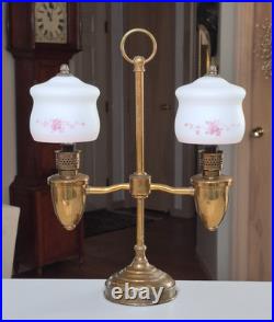 Vintage Dual Arm Brass Parlor / Table Lamp Hand Painted Floral Glass Shades
