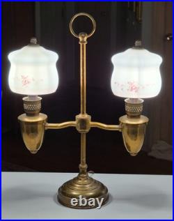 Vintage Dual Arm Brass Parlor / Table Lamp Hand Painted Floral Glass Shades