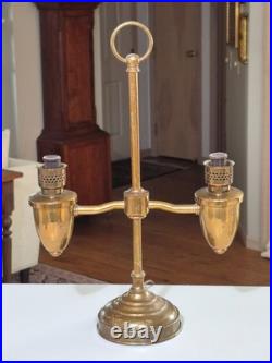 Vintage Dual Arm Brass Parlor / Table Lamp Hand Painted Floral Glass Shades