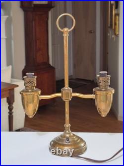 Vintage Dual Arm Brass Parlor / Table Lamp Hand Painted Floral Glass Shades