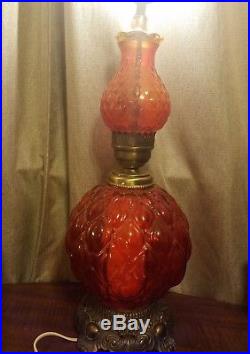 Vintage Ef&Ef Industries Painted Red Glass Brass Table Lamp Globe/Hurricane 1972