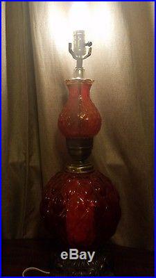 Vintage Ef&Ef Industries Painted Red Glass Brass Table Lamp Globe/Hurricane 1972